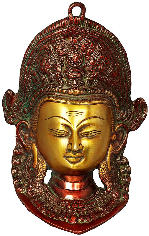 7" Lord Indra Wall Hanging Mask with Horizontal Third  Eye In Brass | Handmade | Made In India