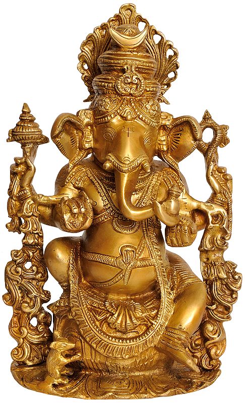13" Lord Ganesha with Crescent Moon on His Crown In Brass | Handmade | Made In India