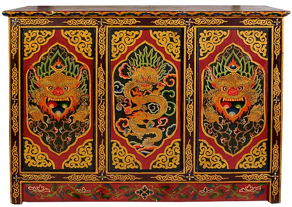Tibetan Buddhist Large Size Wooden Cupboard with the Figures of Dragon and Yamantaka