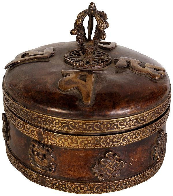 Tibetan Buddhist Ritual Box with Auspicious Ashtamangala Symbols