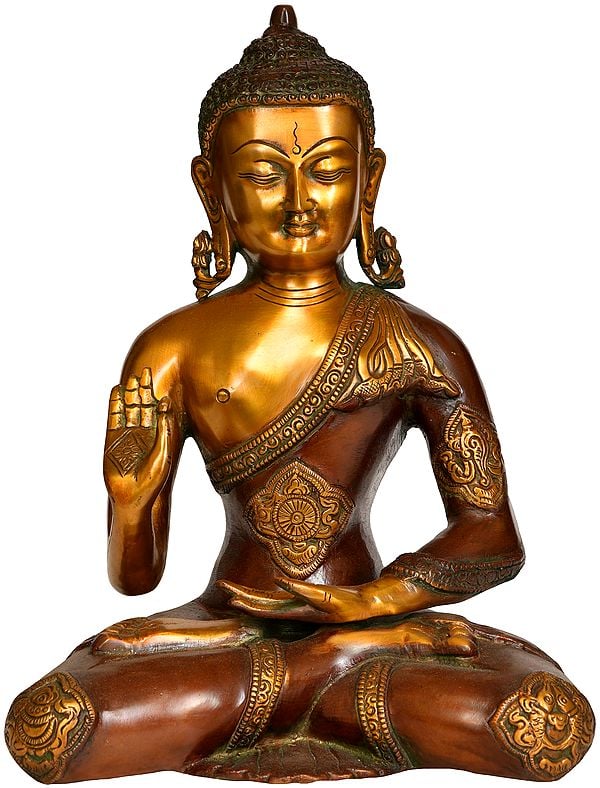 11" Tibetan Buddhist Deity Lord Buddha with Ashtamangala on His Robe In Brass | Handmade | Made In India