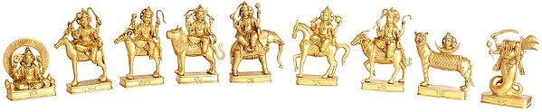 6" Golden Navagraha, Set Of Nine Deities In Brass | Handmade | Made In India