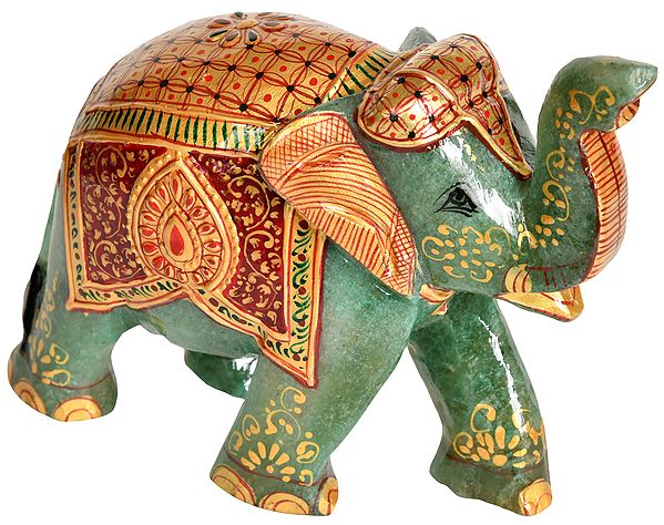 Decorated Elephant with Upraised Trunk - Carved in Jade Gemstone