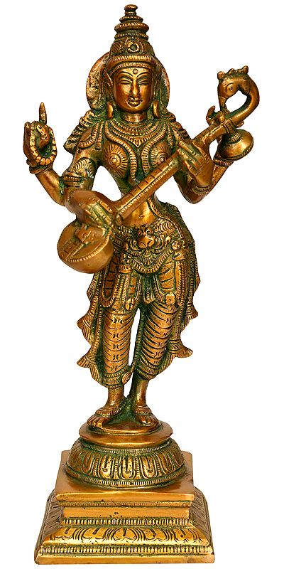 10" Goddess Saraswati In Brass | Handmade | Made In India
