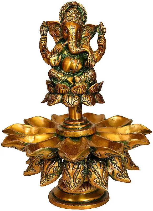 11" Lord Ganesha Lotus Lamp (Eleven Wicks) in Brass | Handmade | Made in India