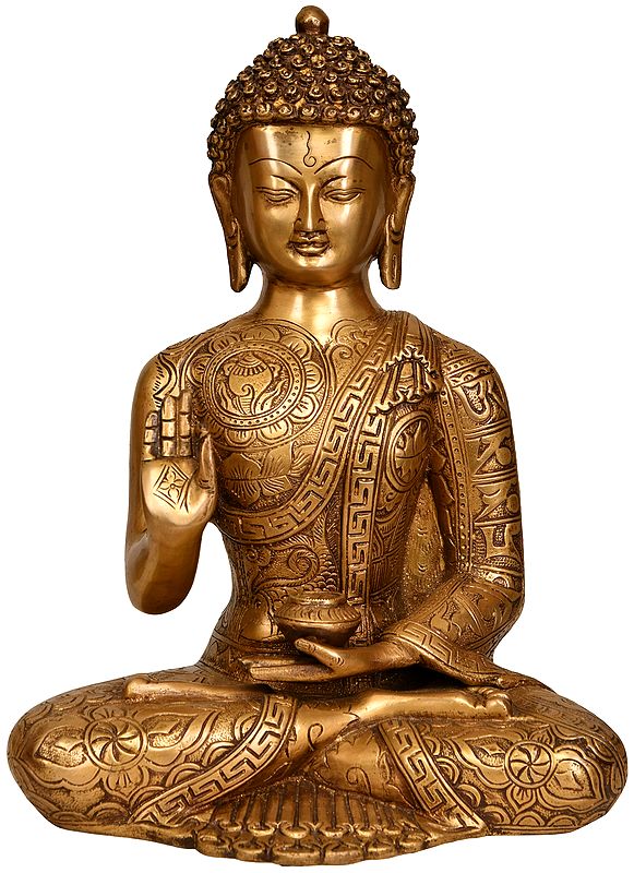 12" Lord Buddha in Vitark Mudra with Auspicious Symbols and Mantras on His Robe In Brass | Handmade | Made In India