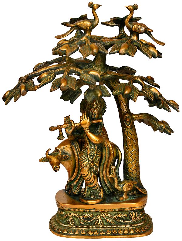 12" Lord Krishna Playing Flute Under a Mango Tree In Brass | Handmade | Made In India