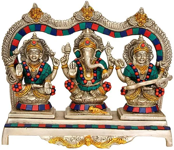 7" Lakshmi Ganesha and Saraswati In Brass | Handmade | Made In India