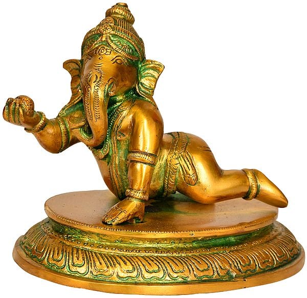 7" Crawling Baby Ganesha Brass Statue | Handmade | Made in India