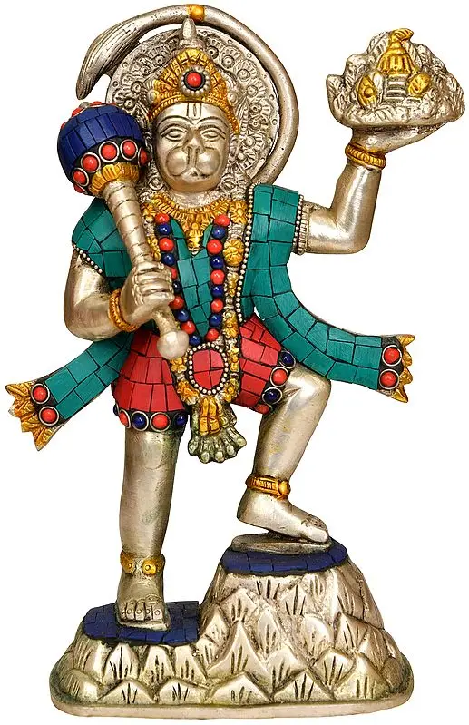 9" Lord Hanuman Carrying Mount Dron of Sanjeevani Herbs In Brass | Handmade | Made In India