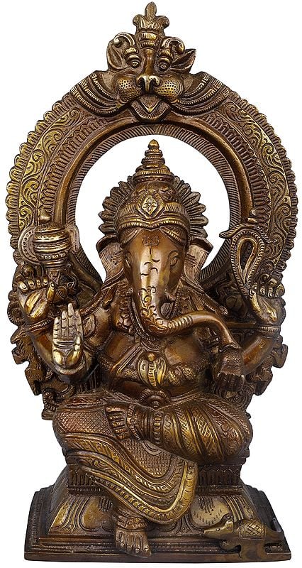12" Lord Ganesha Idol on Kirtimukha Throne | Handmade Brass Statue | Made in India