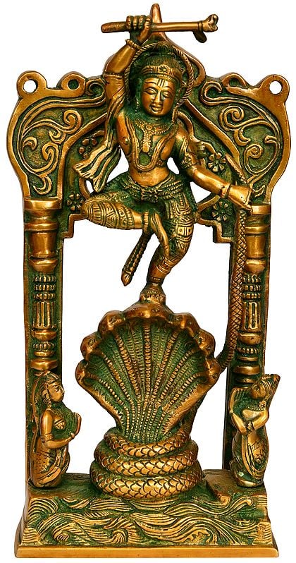 11" Lord Krishna Vanquishes Kaliya In Brass | Handmade | Made In India