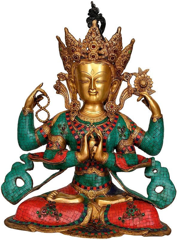26" Tibetan Buddhist Deity Chenrezig Shadakshari Lokeshvara (Large Size) In Brass | Handmade | Made In India
