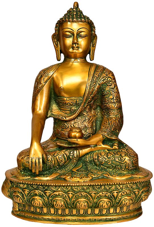Lord Buddha in Bhumi-Sparsha Mudra with His Life Scenes on Robe