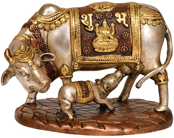 6" Cow and Calf: Saddle Decorated with Lakshmi-Ganesha In Brass | Handmade | Made In India