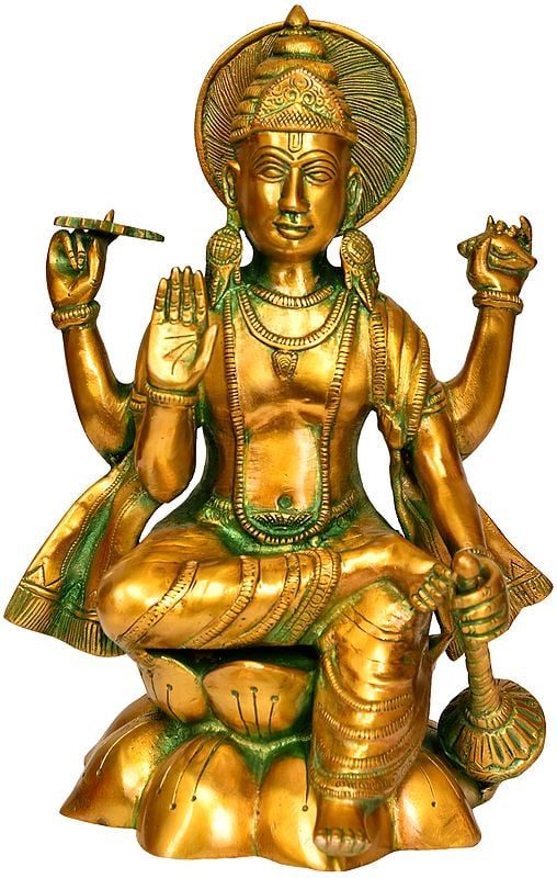 11" Lord Vishnu Seated on Lotus In Brass | Handmade | Made In India
