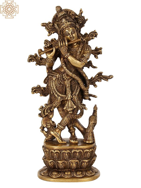 12" Lord Krishna Idol Playing Flute | Handmade Brass Sculpture | Made in India