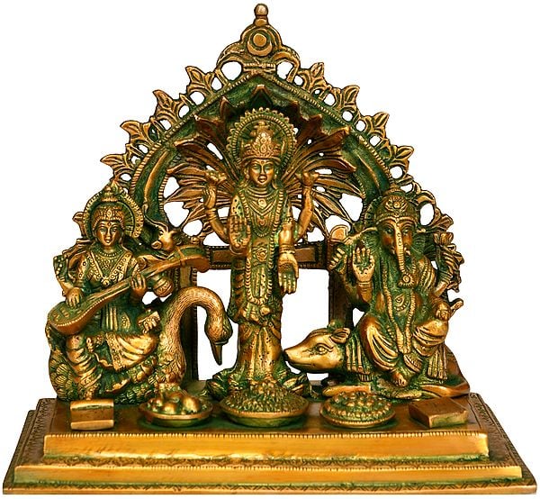 8" Three Auspicious Deities -Saraswati Lakshmi and Ganesha In Brass | Handmade | Made In India