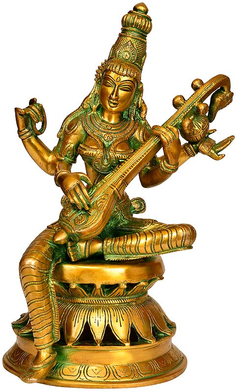 12" Goddess Saraswati Playing on Veena In Brass | Handmade | Made In India
