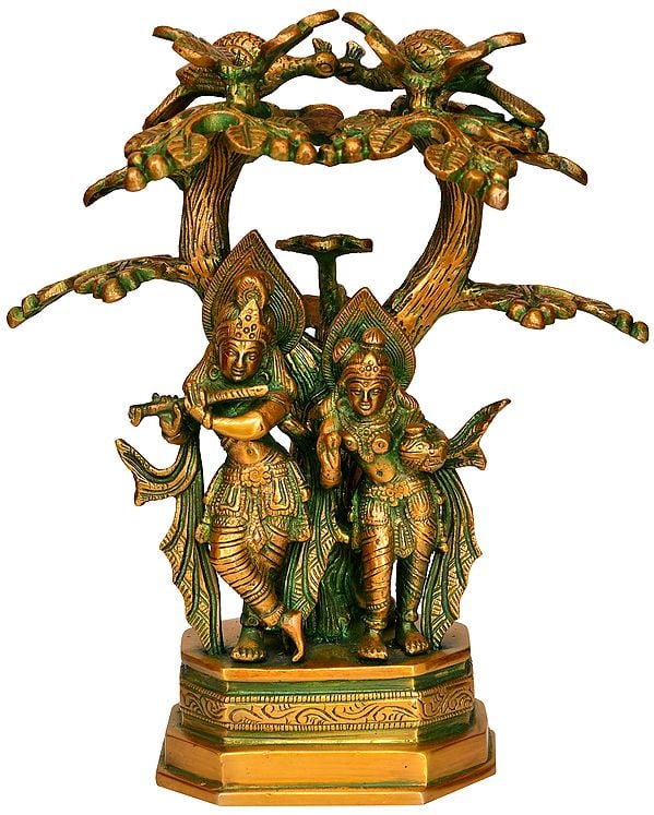 10" Radha Krishna Under the Kadamba Tree In Brass | Handmade | Made In India