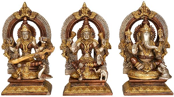 7" Lakshmi Ganesha Saraswati (Set of Three Statues) In Brass | Handmade | Made In India