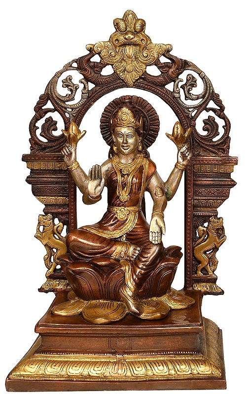 15" Goddess Lakshmi Seated on Lotus with Prabhavali In Brass | Handmade | Made In India