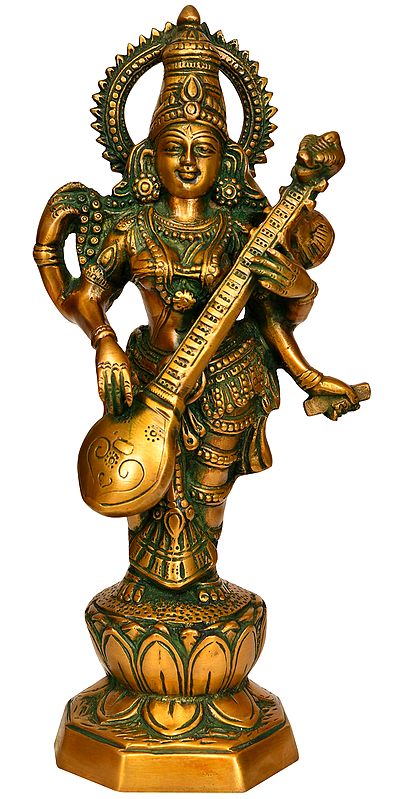 13" Goddess Saraswati In Brass | Handmade | Made In India