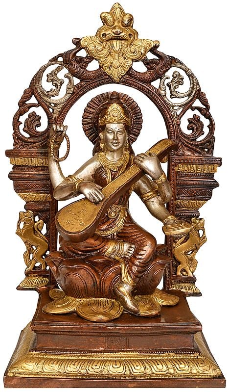 15" The Goddess of Music -Saraswati In Brass | Handmade | Made In India