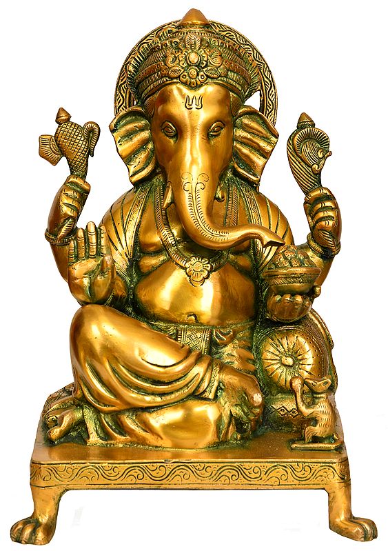 12" Lord Ganesha Seated on Chowki In Brass | Handmade | Made In India