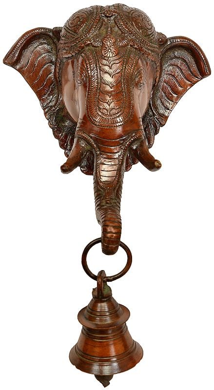 9" Lord Ganesha Wall Hanging Mask with Bell In Brass | Handmade | Made In India