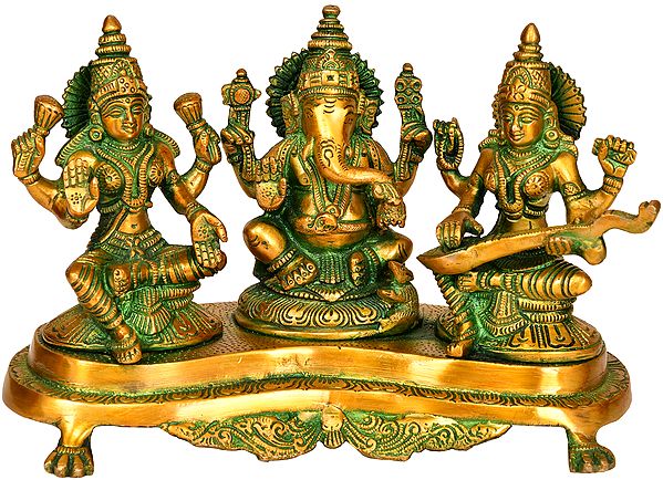 9" Three Auspicious Deities - Lakshmi Ganesha and Saraswati In Brass | Handmade | Made In India