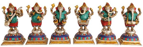 7" Musician Ganesha (Set of Six) In Brass | Handmade | Made In India