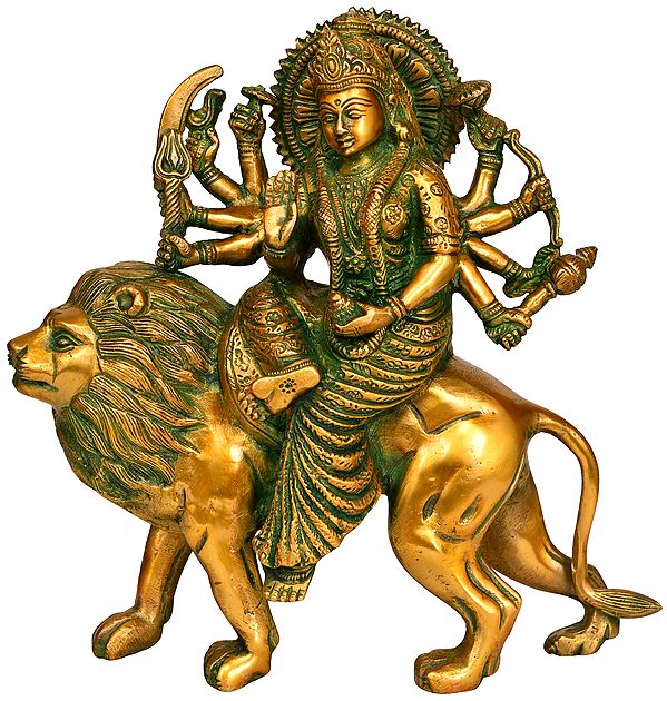 16" Goddess Durga on Her Mount Lion In Brass | Handmade | Made In India