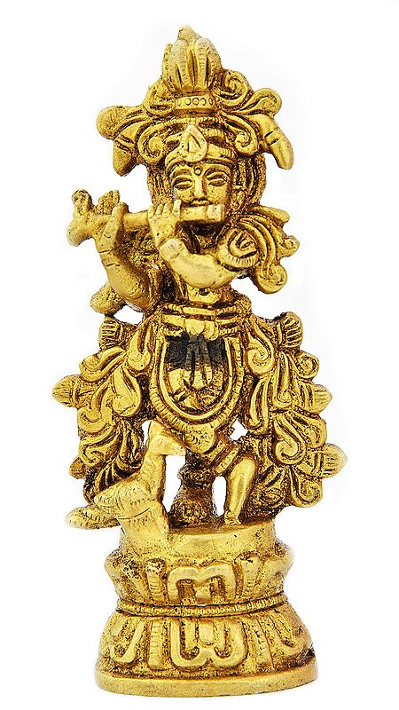 4" Shri Krishna Idol Playing on Flute | Handmade Brass Small Statue | Made in India