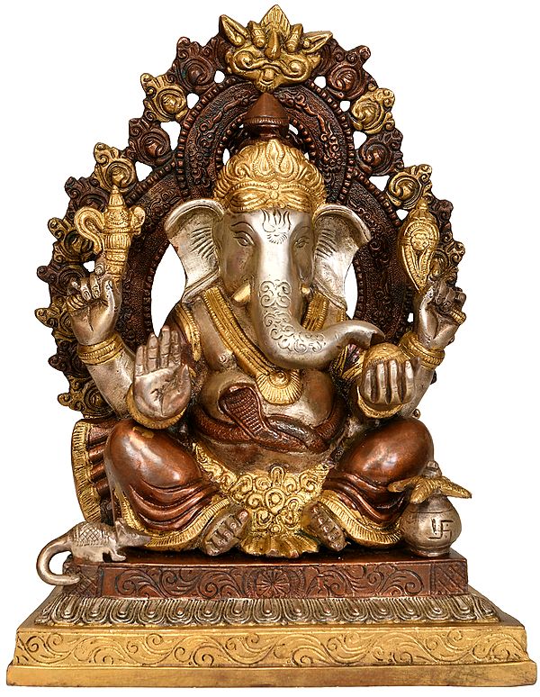 11" Lord Ganesha on Throne with Prabhavali and Kirtimukha In Brass | Handmade | Made In India