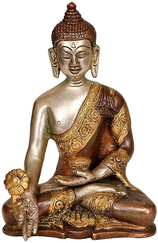 7" Tibetan Buddhist Deity Medicine Buddha Idol in Brass | Handmade | Made in India
