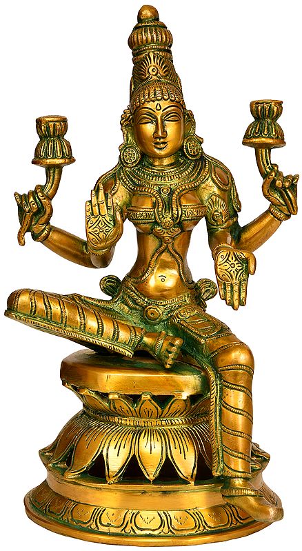 12" Goddess Lakshmi Seated on Lotus Pedestal In Brass | Handmade | Made In India