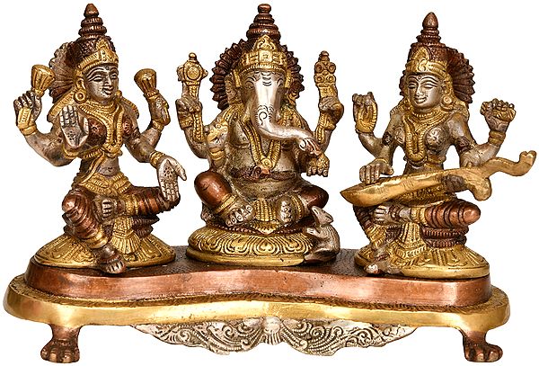 6" The Triad of Lakshmi Ganesha and Saraswati In Brass | Handmade | Made In India
