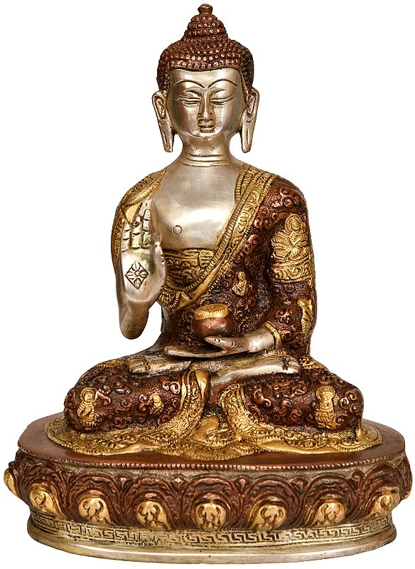 9" Tibetan Buddhist Lord Buddha in Vitark Mudra -Robe Decorated with Life Scenes In Brass | Handmade | Made In India