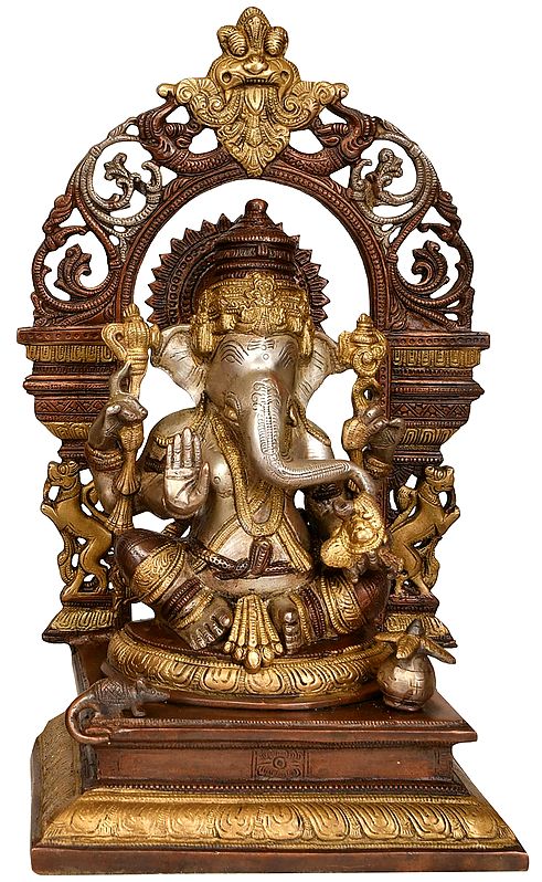 15" Lord Ganesha with Prabhavali and Kirtimukha In Brass | Handmade | Made In India