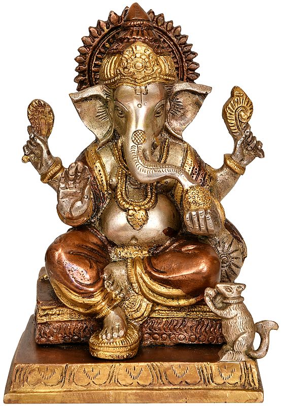 7" Lord Ganesha Idol Seated on Chowki | Handmade Brass Sculpture | Made in India