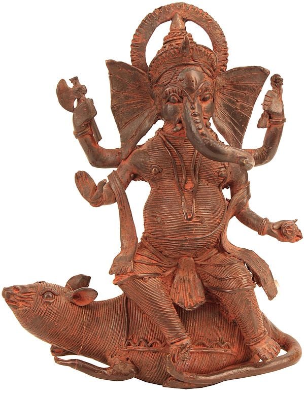 6" Lord Ganesha Riding on His Mouse (Tribal Statue from Bastar) In Brass | Handmade | Made In India