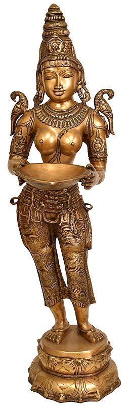 45" Large Size Deepalakshmi with Parrot on Shoulders In Brass | Handmade | Made In India