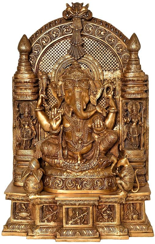 33" Lord Ganesha Flanked By Devi Figurines In Brass | Handmade | Made In India