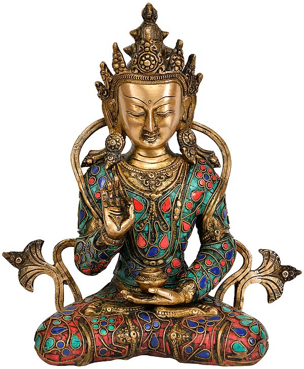10" Tibetan Buddhist Deity Crowned Buddha Preaching His Dharma In Brass | Handmade | Made In India