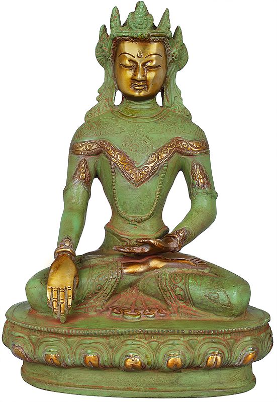 9" Tibetan Buddhist Deity Crowned Buddha in Bhumisparsha Mudra In Brass | Handmade | Made In India