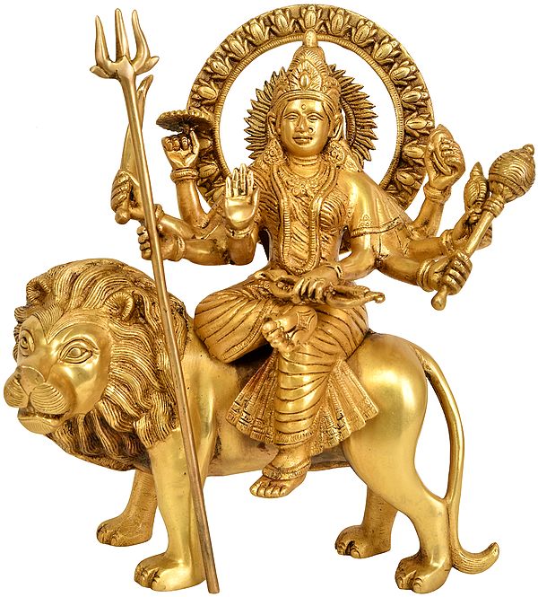 12" Goddess Durga Sitting on Lion In Brass | Handmade | Made In India