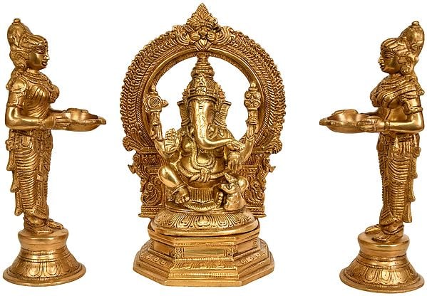 9" Lord Ganesha Worshipped by Lamp Goddesses (Set of Three Statues) In Brass | Handmade | Made In India