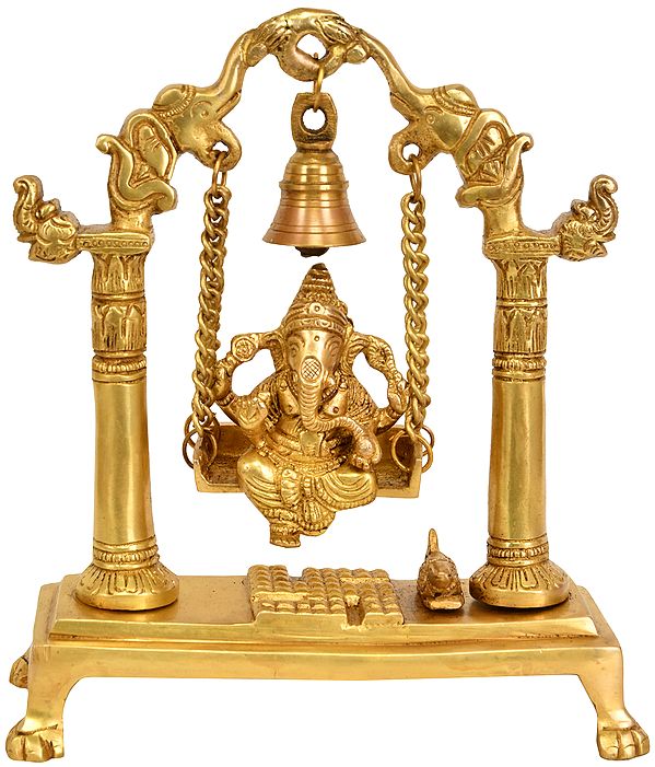 9" Lord Ganesha on a Swing with Bell Atop In Brass | Handmade | Made In India