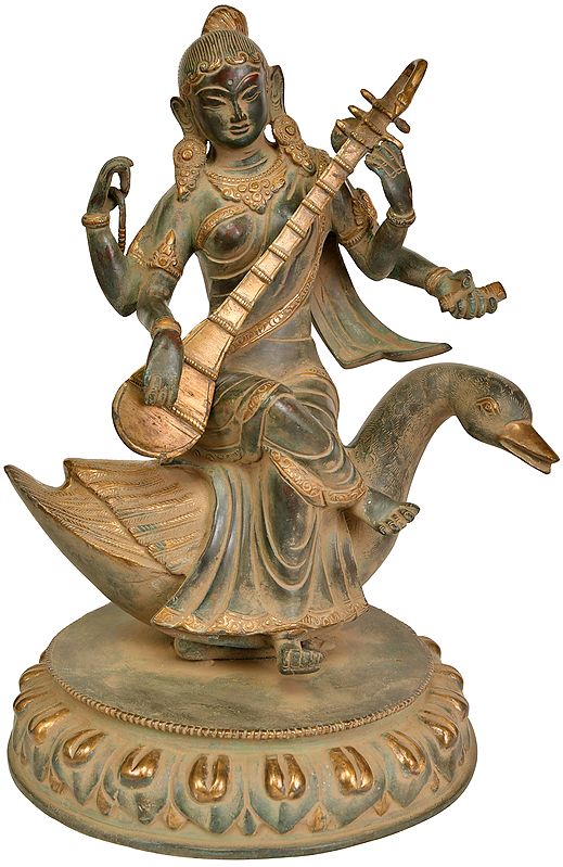 13" Goddess Saraswati Seated on Swan In Brass | Handmade | Made In India